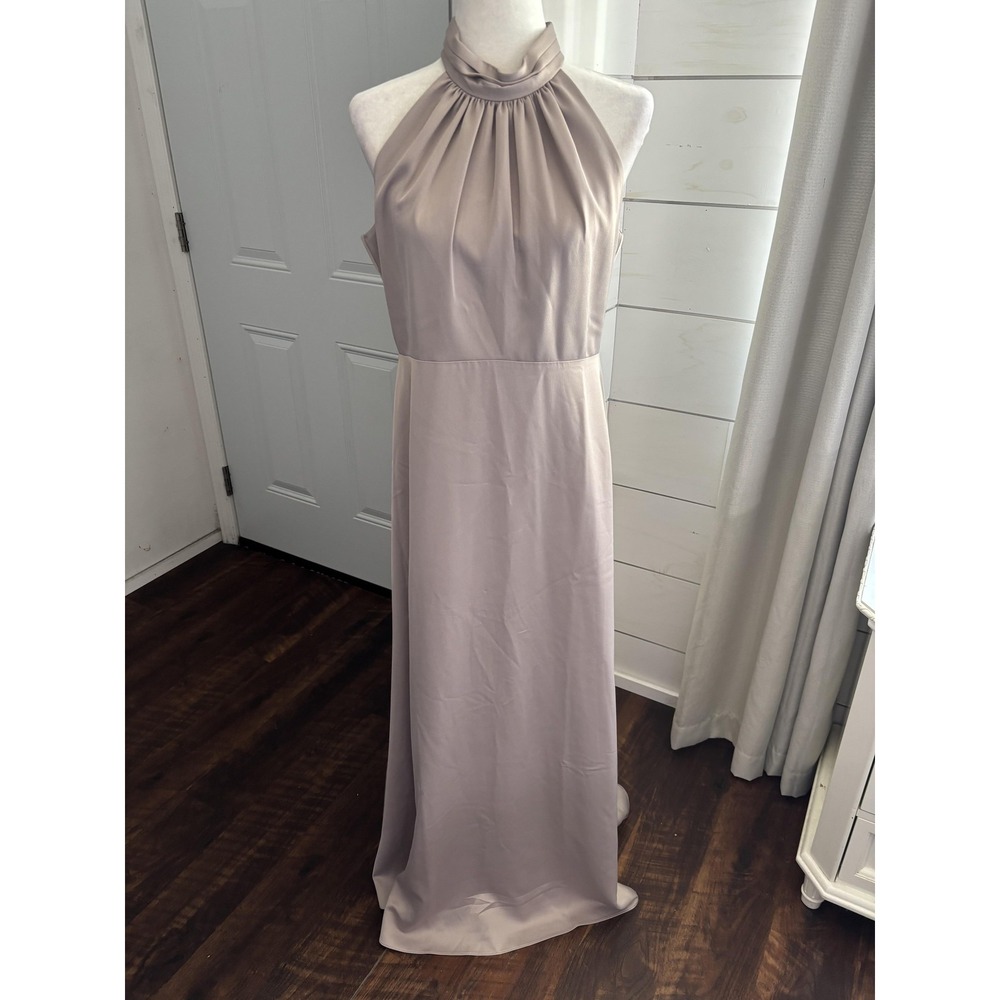 Sachin & Babi Dress Womens 12 Taupe Halter Neck Maxi Formal Satin Wedding Party